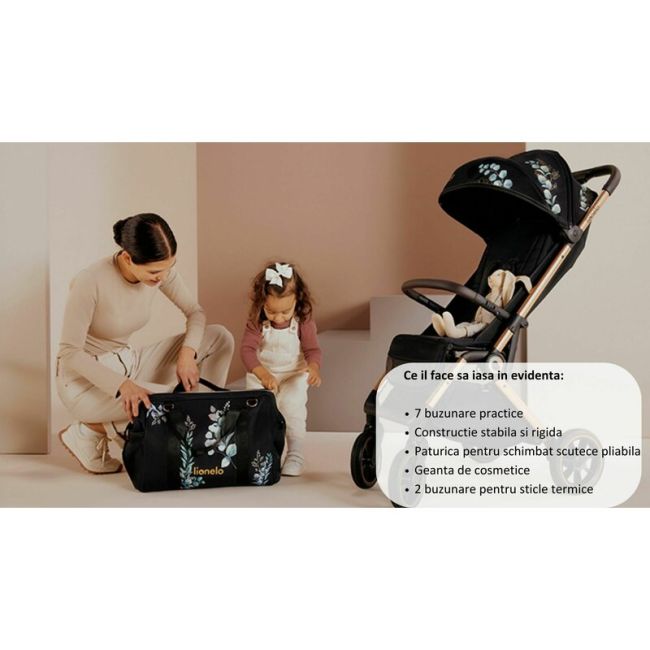 Geanta pentru mamici, Lionelo, Ida, Golden Moments, Editie limitata, Cu multiple compartimente, Negru BYNLO-IDA_GOLDEN_MOMENTS