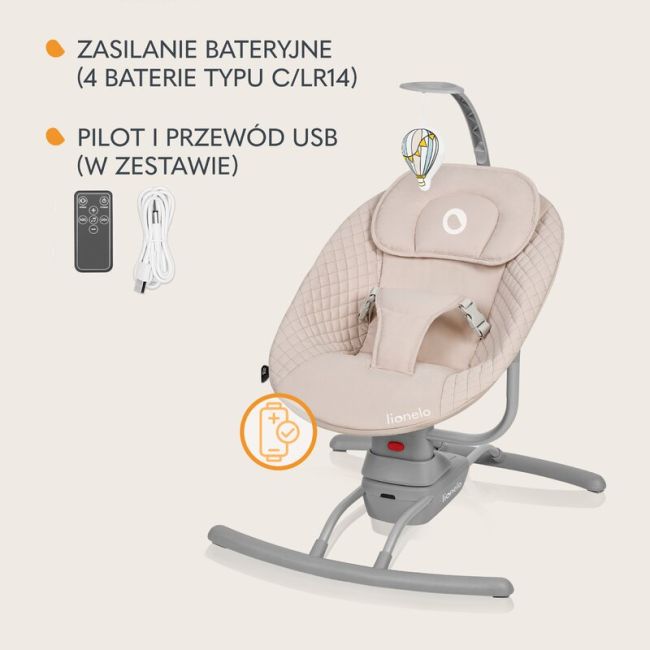 Leagan, Lionelo, Rio, Electric, Cu 3 viteze de leganare, Cu 8 melodii, Cu telecomanda, Cu husa detasabila, Cu perna detasabila, Centura in 3 puncte, Pana la 9 kg, Bej BYNLO-RIO_BEIGE_LATTE