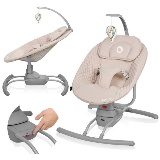 Leagan, Lionelo, Rio, Electric, Cu 3 viteze de leganare, Cu 8 melodii, Cu telecomanda, Cu husa detasabila, Cu perna detasabila, Centura in 3 puncte, Pana la 9 kg, Bej BYNLO-RIO_BEIGE_LATTE