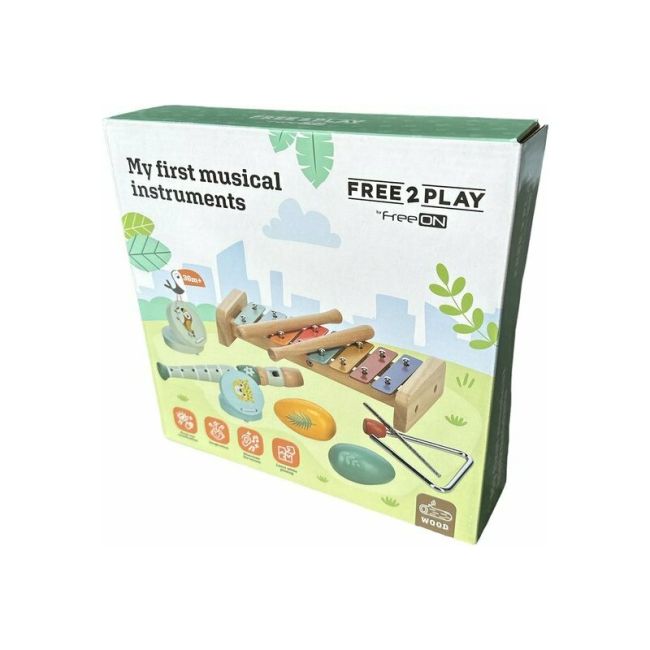 Set instrumente muzicale, Free2Play, 5 in 1, Contine xilofon, Fluier, Din lemn, Conform cu standardul european de securitate EN71/123, 3 ani+, Multicolor BYN80586