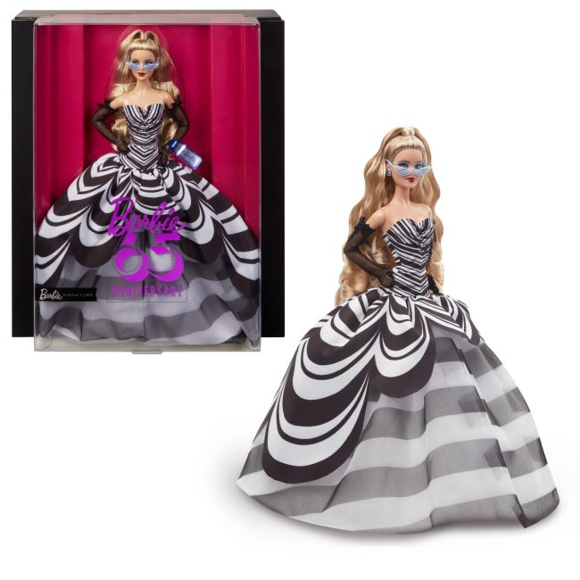 BARBIE SIGNATURE ANIVERSARE 65 ANI PAPUSA BARBIE CU ROCHIE DE BAL ALB NEGRU VIVMTHRM58