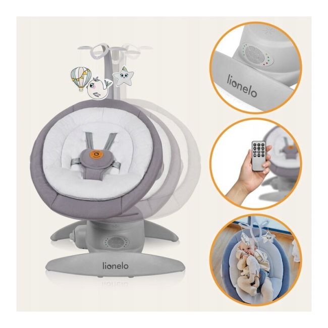 Balansoar, Lionelo, Mell, 2 in 1, Rotire 360 grade, Electric, Cu 3 moduri de leganare, Cu 5 trepte de viteza, Cu 3 pozitii de inclinare, Cu timer, 12 melodii si 2 sunete ale naturii, Pana la 9 kg, Gri BYNLO-MELL_GREY_STONE
