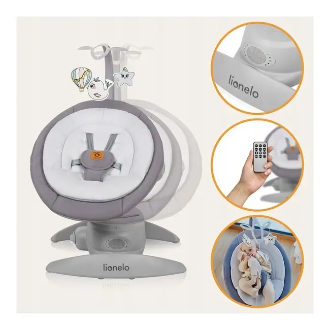 Balansoar, Lionelo, Mell, 2 in 1, Rotire 360 grade, Electric, Cu 3 moduri de leganare, Cu 5 trepte de viteza, Cu 3 pozitii de inclinare, Cu timer, 12 melodii si 2 sunete ale naturii, Pana la 9 kg, Gri BYNLO-MELL_GREY_STONE