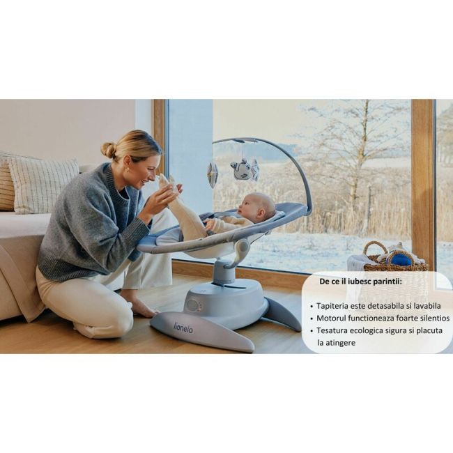 Balansoar, Lionelo, Mell, 2 in 1, Rotire 360 grade, Electric, Cu 3 moduri de leganare, Cu 5 trepte de viteza, Cu 3 pozitii de inclinare, Cu timer, 12 melodii si 2 sunete ale naturii, Pana la 9 kg, Gri BYNLO-MELL_GREY_STONE