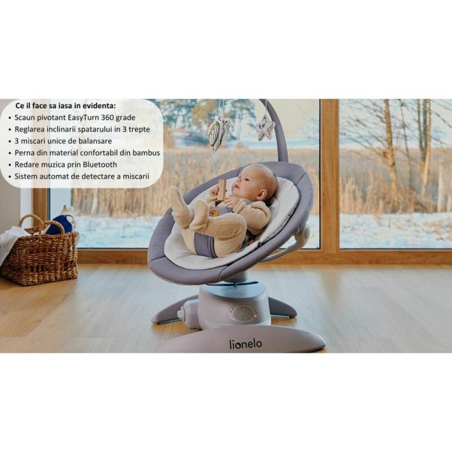 Balansoar, Lionelo, Mell, 2 in 1, Rotire 360 grade, Electric, Cu 3 moduri de leganare, Cu 5 trepte de viteza, Cu 3 pozitii de inclinare, Cu timer, 12 melodii si 2 sunete ale naturii, Pana la 9 kg, Gri BYNLO-MELL_GREY_STONE