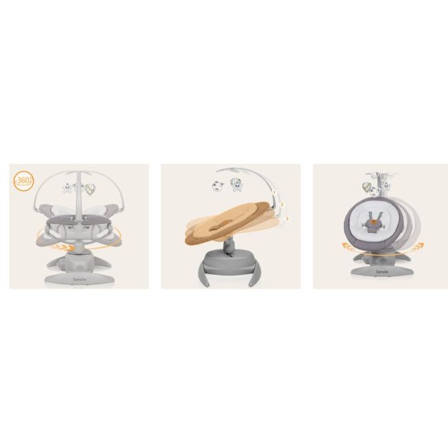 Balansoar, Lionelo, Mell, 2 in 1, Rotire 360 grade, Electric, Cu 3 moduri de leganare, Cu 5 trepte de viteza, Cu 3 pozitii de inclinare, Cu timer, 12 melodii si 2 sunete ale naturii, Pana la 9 kg, Gri BYNLO-MELL_GREY_STONE