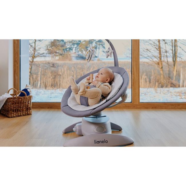 Balansoar, Lionelo, Mell, 2 in 1, Rotire 360 grade, Electric, Cu 3 moduri de leganare, Cu 5 trepte de viteza, Cu 3 pozitii de inclinare, Cu timer, 12 melodii si 2 sunete ale naturii, Pana la 9 kg, Gri BYNLO-MELL_GREY_STONE
