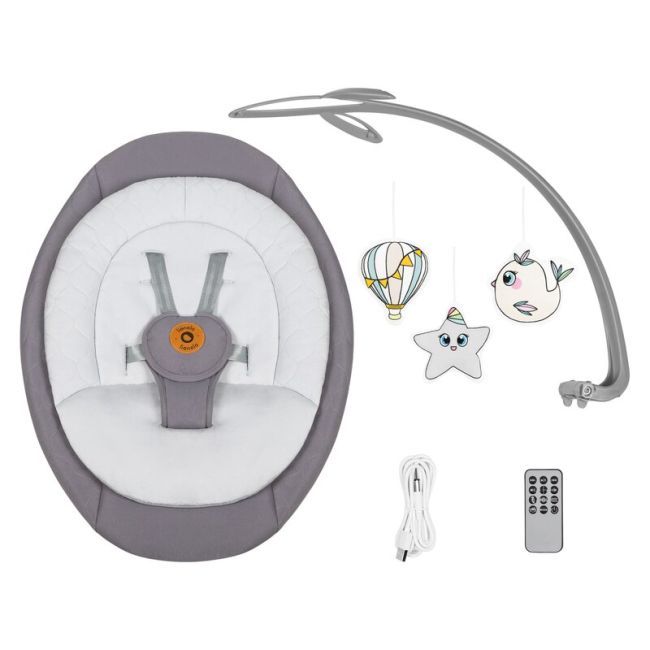 Balansoar, Lionelo, Mell, 2 in 1, Rotire 360 grade, Electric, Cu 3 moduri de leganare, Cu 5 trepte de viteza, Cu 3 pozitii de inclinare, Cu timer, 12 melodii si 2 sunete ale naturii, Pana la 9 kg, Gri BYNLO-MELL_GREY_STONE