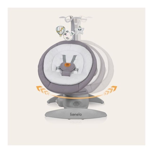 Balansoar, Lionelo, Mell, 2 in 1, Rotire 360 grade, Electric, Cu 3 moduri de leganare, Cu 5 trepte de viteza, Cu 3 pozitii de inclinare, Cu timer, 12 melodii si 2 sunete ale naturii, Pana la 9 kg, Gri BYNLO-MELL_GREY_STONE
