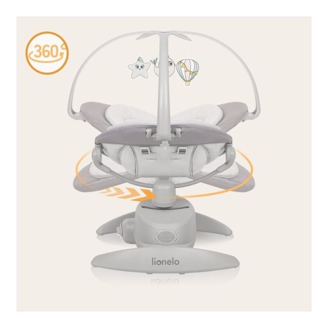 Balansoar, Lionelo, Mell, 2 in 1, Rotire 360 grade, Electric, Cu 3 moduri de leganare, Cu 5 trepte de viteza, Cu 3 pozitii de inclinare, Cu timer, 12 melodii si 2 sunete ale naturii, Pana la 9 kg, Gri BYNLO-MELL_GREY_STONE