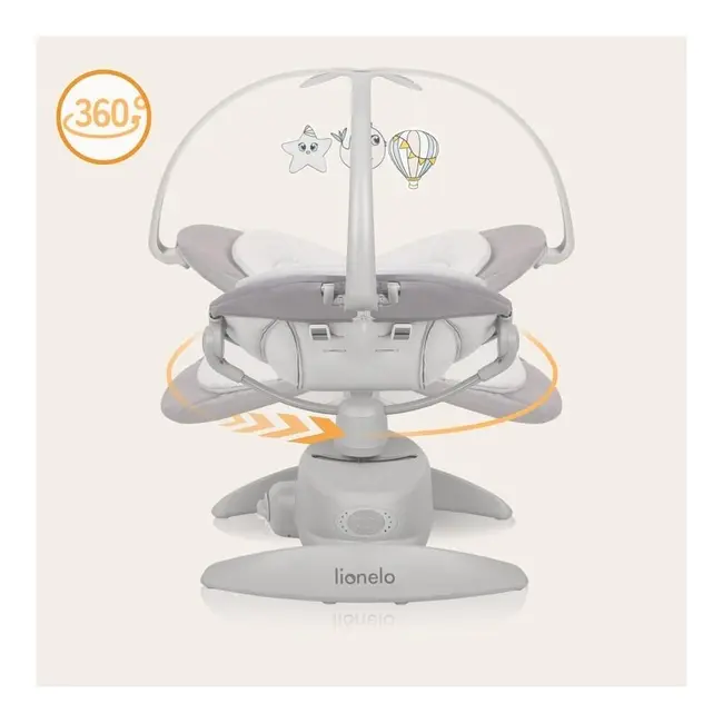 Balansoar, Lionelo, Mell, 2 in 1, Rotire 360 grade, Electric, Cu 3 moduri de leganare, Cu 5 trepte de viteza, Cu 3 pozitii de inclinare, Cu timer, 12 melodii si 2 sunete ale naturii, Pana la 9 kg, Gri BYNLO-MELL_GREY_STONE