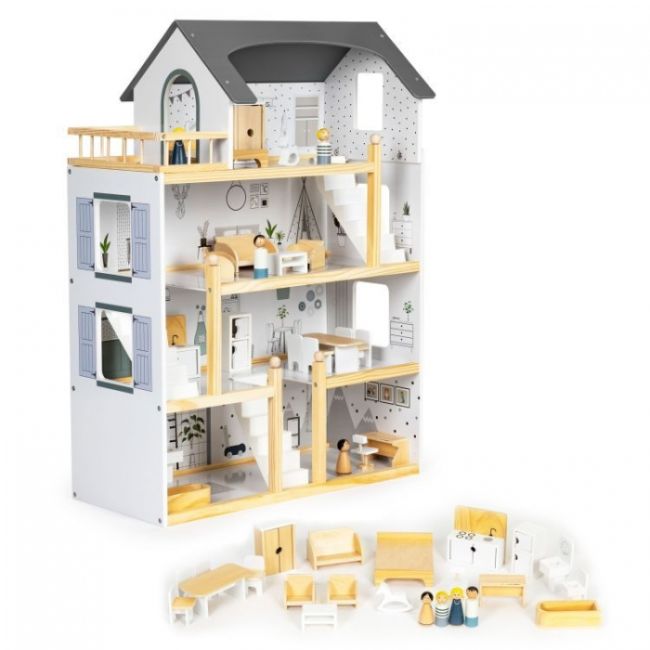 Casuta de papusi inalta din lemn cu mobilier ecotoys w06a392 edeediw06a392