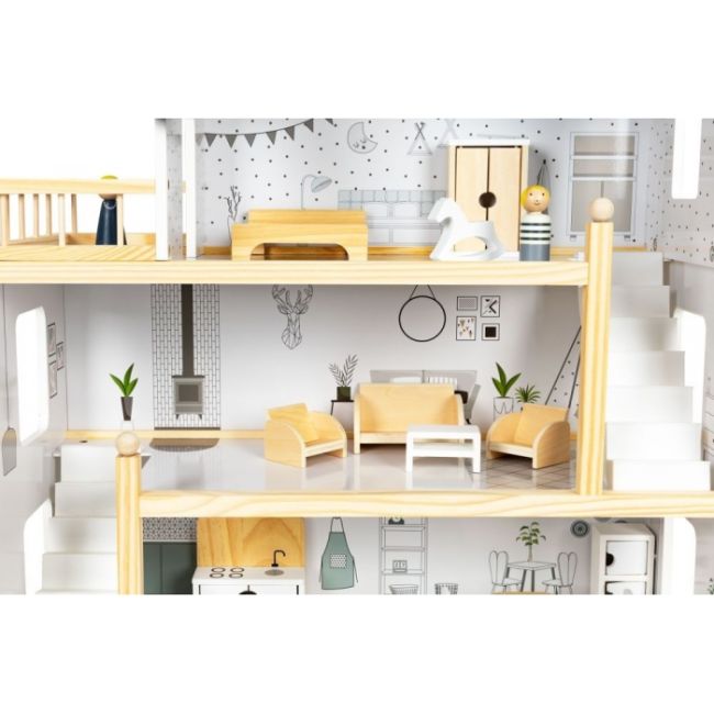 Casuta de papusi inalta din lemn cu mobilier ecotoys w06a392 edeediw06a392