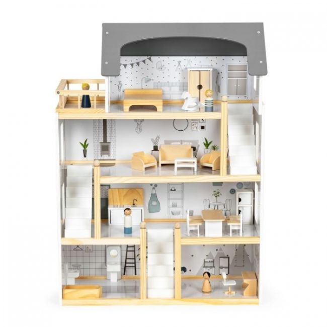 Casuta de papusi inalta din lemn cu mobilier ecotoys w06a392 edeediw06a392