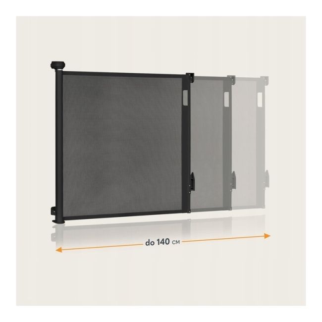 Poarta de siguranta, Lionelo, Thea, Cu suruburi, Textila, Retractabila, Mecanism dublu de blocare, Montaj universal, 80x140 cm, Conform cu standardul european de securitate EN1930, Negru BYNLO-THEA_BLACK_ONYX