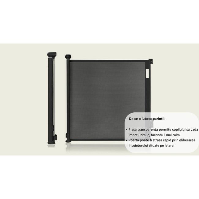 Poarta de siguranta, Lionelo, Thea, Textila, Ofera vizibilitate, Retractabila, Mecanism dublu de blocare, Montaj universal, 80x140 cm, Conform cu standardul european de securitate EN1930, Alb BYNLO-THEA_WHITE_NATURAL