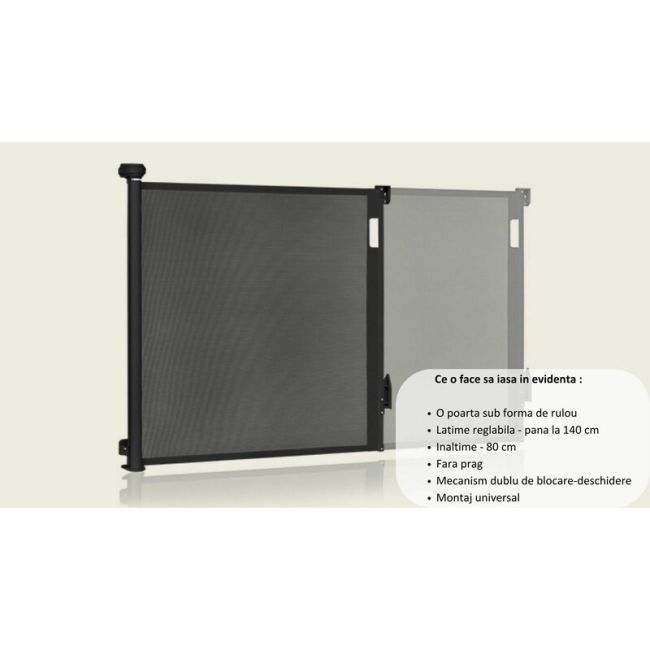 Poarta de siguranta, Lionelo, Thea, Textila, Ofera vizibilitate, Retractabila, Mecanism dublu de blocare, Montaj universal, 80x140 cm, Conform cu standardul european de securitate EN1930, Alb BYNLO-THEA_WHITE_NATURAL