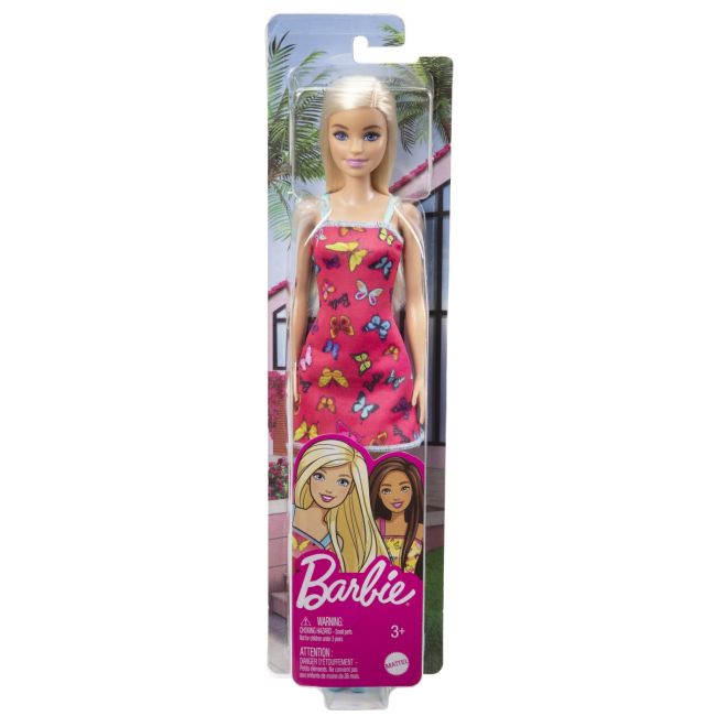 BARBIE PAPUSA CLASICA BLONDA CU ROCHITA ROZ CU IMPRIMEU CU FLUTURI VIVMTT7439_HBV05