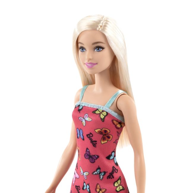 BARBIE PAPUSA CLASICA BLONDA CU ROCHITA ROZ CU IMPRIMEU CU FLUTURI VIVMTT7439_HBV05