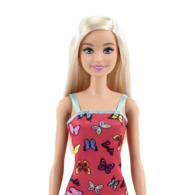 BARBIE PAPUSA CLASICA BLONDA CU ROCHITA ROZ CU IMPRIMEU CU FLUTURI VIVMTT7439_HBV05