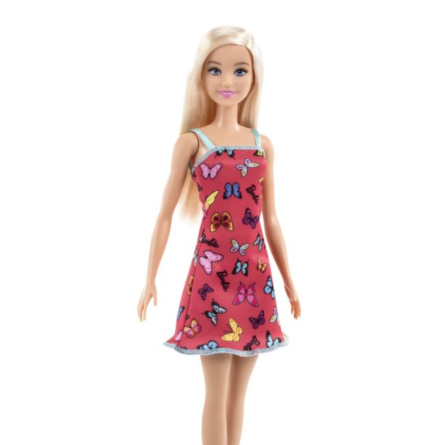 BARBIE PAPUSA CLASICA BLONDA CU ROCHITA ROZ CU IMPRIMEU CU FLUTURI VIVMTT7439_HBV05
