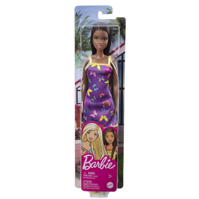 BARBIE PAPUSA CLASICA BRUNETA CU ROCHITA MOV CU IMPRIMEU CU FLUTURI VIVMTT7439_HBV07