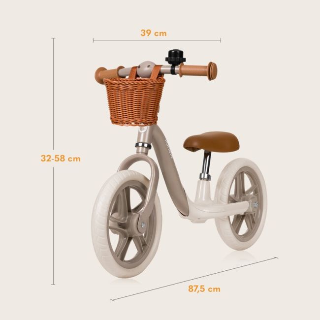 Bicicleta fara pedale, Lionelo, Alex Plus, Usoara, Cu ghidon si sa reglabile, Include cos depozitare si sonerie, Din otel, Cu roti din spuma EVA, 12 inch, Beige Sand BYNLO-ALEX_PLUS_BEIGE_SAND