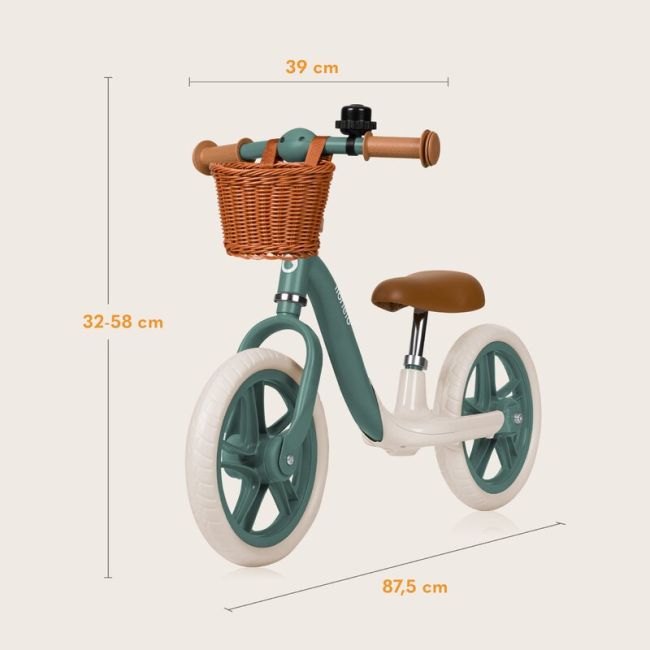 Bicicleta fara pedale, Lionelo, Alex Plus, Usoara, Cu ghidon si sa reglabile, Include cos depozitare si sonerie, Din otel, Cu roti din spuma EVA, 12 inch, Green Forest BYNLO-ALEX_PLUS_GREEN_FOREST