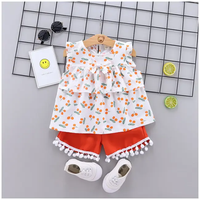 Costumas pentru fetite cu bluzita cu cirese portocalii LIHQ374-11