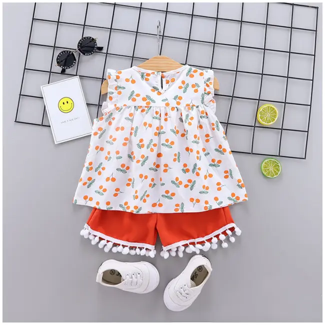 Costumas pentru fetite cu bluzita cu cirese portocalii LIHQ374-11