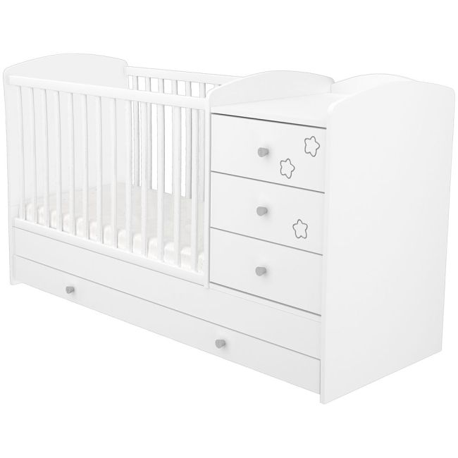 Patut copii transformabil din lemn cu 4 sertare hubners matei kombi 120x60 cm alb cu stelute hubpth4smkas