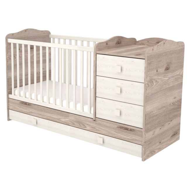 Patut copii transformabil din lemn cu 4 sertare hubners sofia kombi 120x60 cm crem nisip hubpth4sskcn