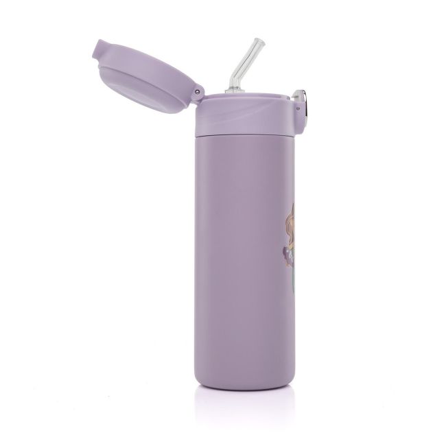 Sticla de baut cu pai din silicon pentru copii, din otel inoxidabil, 350ml, violet, Reer 90104