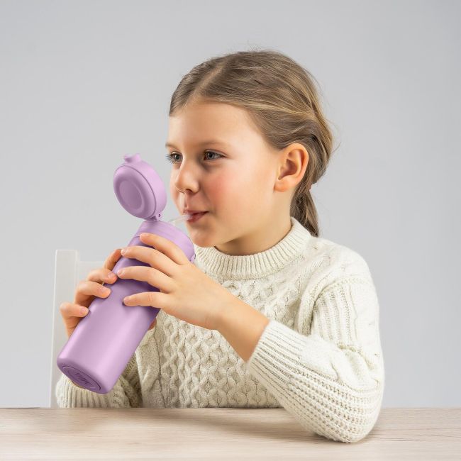 Sticla de baut cu pai din silicon pentru copii, din otel inoxidabil, 350ml, violet, Reer 90104