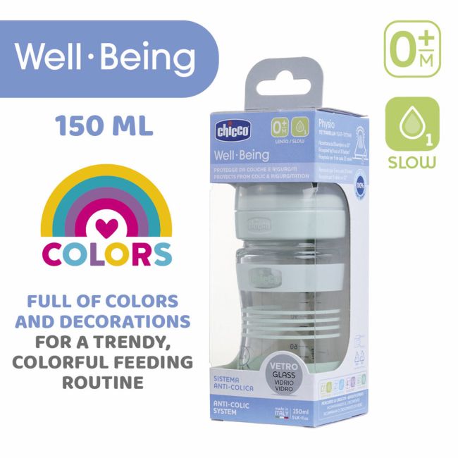 Biberon sticla Chicco WellBeing, tetina s., flux normal, 150ml, unisex, 0luni+ CHC2871130-7