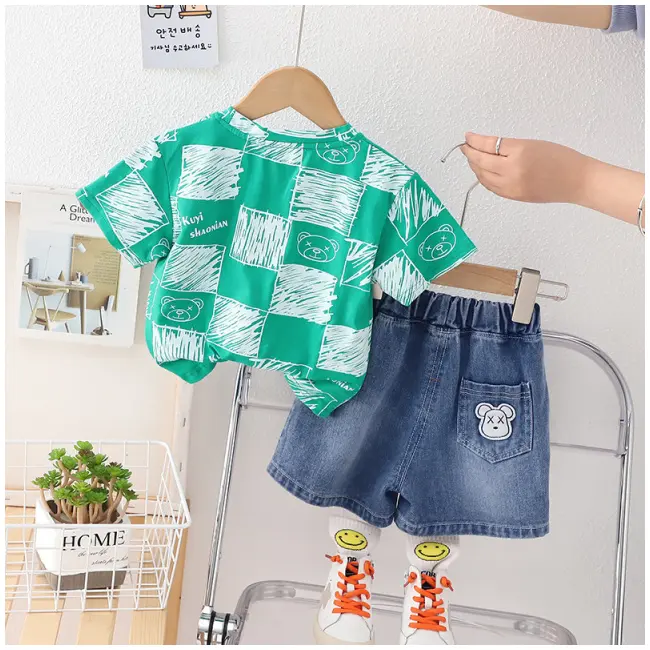 Costumas cu tricou verde si blugi pentru baietei - Bear MDXBR27-R1