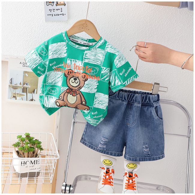 Costumas cu tricou verde si blugi pentru baietei - Bear MDXBR27-R1