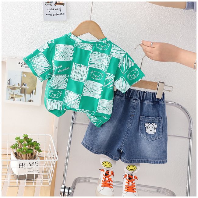 Costumas cu tricou verde si blugi pentru baietei - Bear MDXBR27-R1