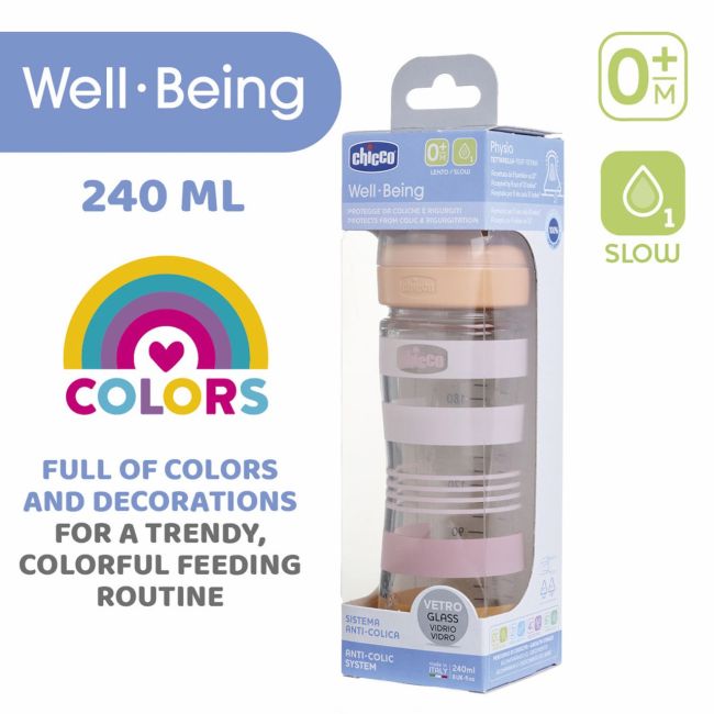 Biberon sticla Chicco WellBeing, tetina s., flux mediu, 240ml, unisex, 0luni+ CHC2872131-7