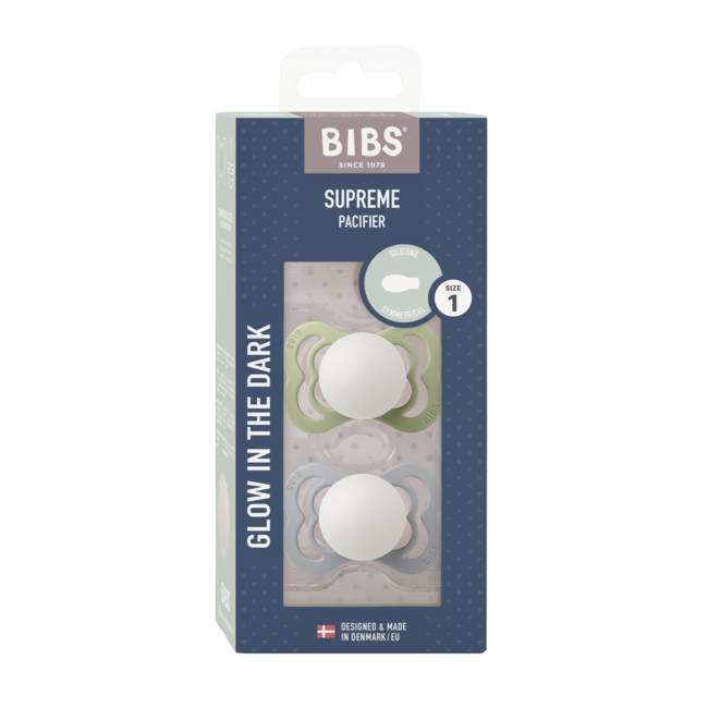 Bibs - set 2 suzete supreme fosforescente glow silicon, tetina simetrica, 0 luni + bbbsetsupremesiliconeglow1