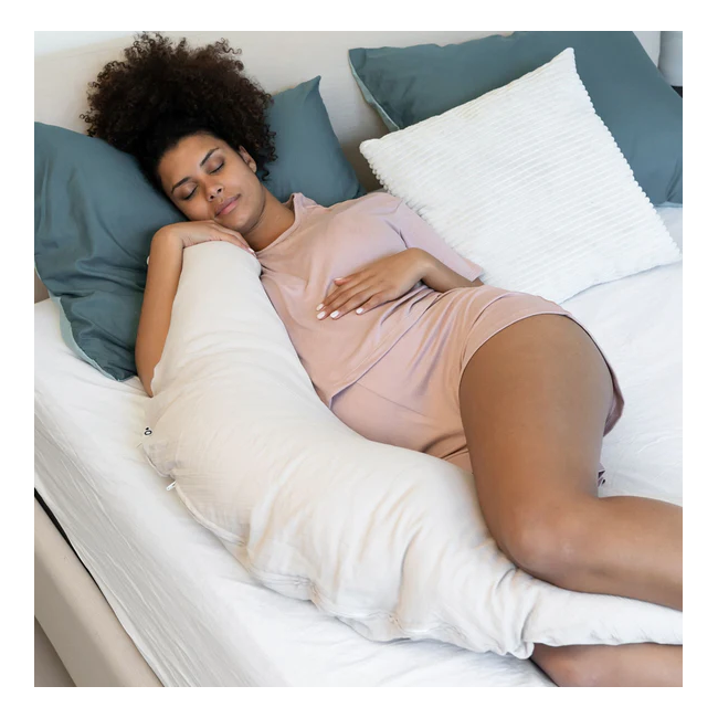 Doomoo - perna mare 3 in 1 comfy big tetra almond din bumbac organic: perna gravide, suport pentru hranire, suport pentru bebe bbb35001027