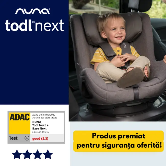 Nuna - set scaun auto rotativ i-size todl next biscotti, 40-105 cm + baza isofix base next i-size pentru todl next, testat adac bbbcs14910bisglset