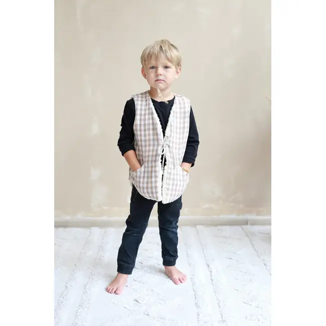 Vesta Pentru Copii, Reversibila, Dublat, Muselina Carouri Bej Si Tesatura Bucle Crem, Teddy By Babyly, 92 98, 1-3 Ani Pjb4196051