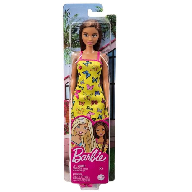 BARBIE PAPUSA CLASICA SATENA CU ROCHITA GALBENA CU IMPRIMEU CU FLUTURI VIVMTT7439_HBV08
