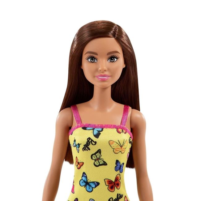 BARBIE PAPUSA CLASICA SATENA CU ROCHITA GALBENA CU IMPRIMEU CU FLUTURI VIVMTT7439_HBV08