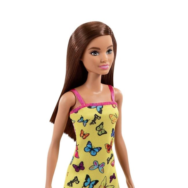 BARBIE PAPUSA CLASICA SATENA CU ROCHITA GALBENA CU IMPRIMEU CU FLUTURI VIVMTT7439_HBV08