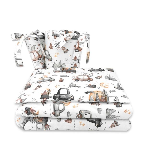 Lenjerie patut cu 3 piese, MimiNu, Pentru patut 120x60 cm, Cu protectie laterala, Din bumbac certificat Oeko Tex Standard 100, Design, Cars Grey BYN6426972025324