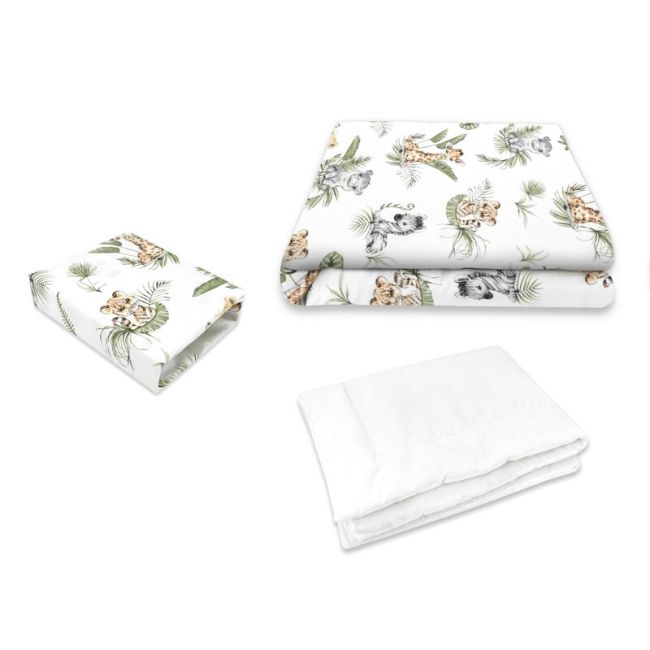 Lenjerie patut cu 3 piese, Qmini, Cu cearceaf 120x60 cm, Din bumbac certificat Oeko Tex Standard 100, Cu pilota si husa pilota, 135x100 cm, Safari BYN6426972025522