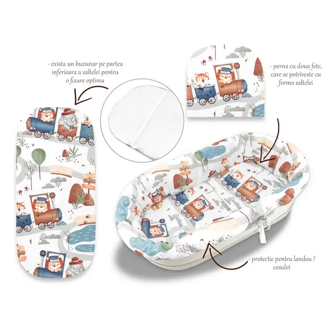 Set pentru landou/cosulet, MimiNu, Cu protectie, saltea si pernuta, Din bumbac certificat Oeko Tex Standard 100, Design, Zoo in train BYN6426972025041