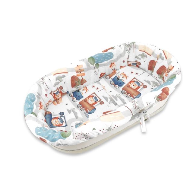 Set pentru landou/cosulet, MimiNu, Cu protectie, saltea si pernuta, Din bumbac certificat Oeko Tex Standard 100, Design, Zoo in train BYN6426972025041